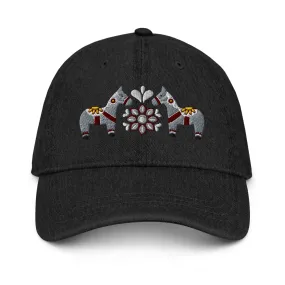 Swedish Dala Horse Embroidered Denim Dad Hat - Gray