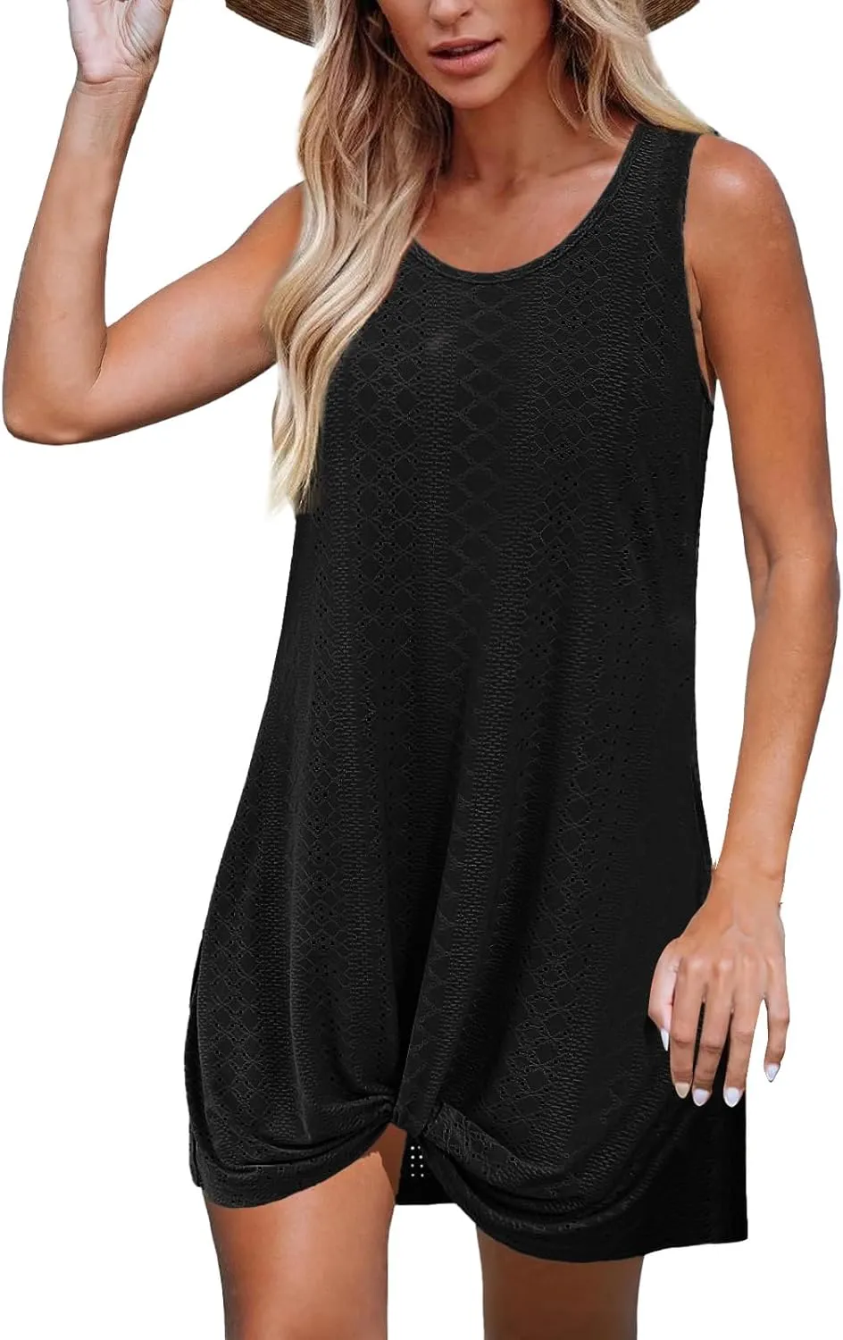 Swimsuit Coverup for Women Sleeveless Crewneck Hollow Out Bathing Suit Coverup Beach Vacation Twisted Knot Dress