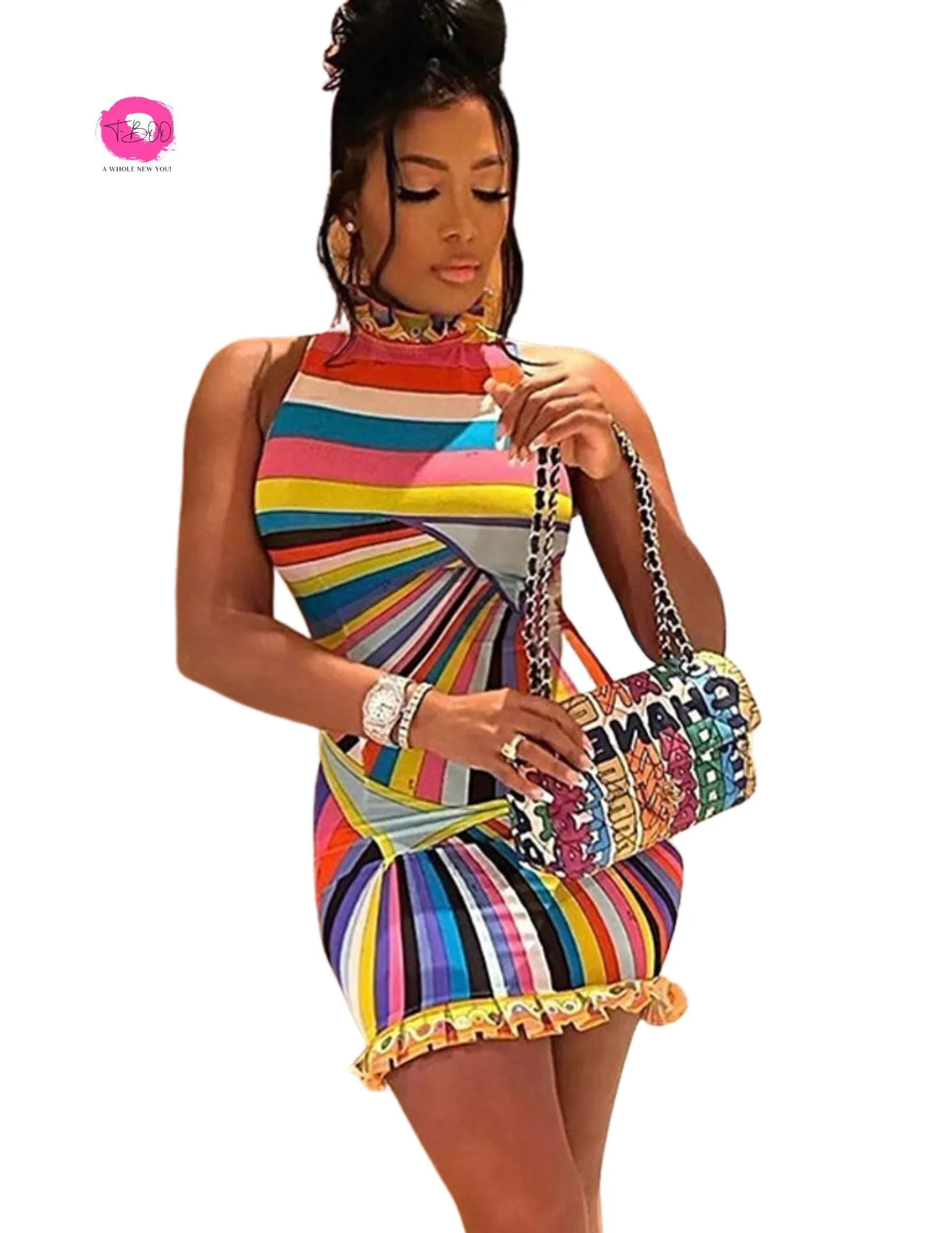 T-BOO  Women Sundress Summer Colorful Print Sleeveless Turtleneck Slim Elastic Trend Chic Bodycon Birthday Party Streetwear