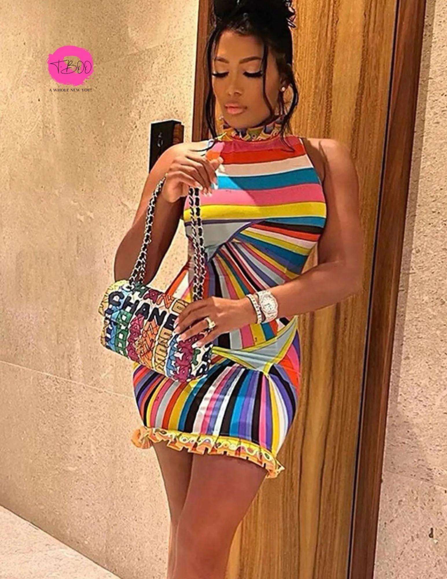 T-BOO  Women Sundress Summer Colorful Print Sleeveless Turtleneck Slim Elastic Trend Chic Bodycon Birthday Party Streetwear