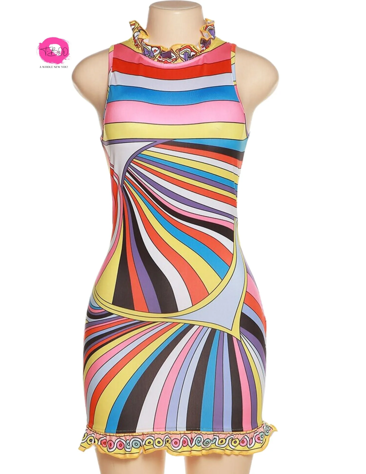 T-BOO  Women Sundress Summer Colorful Print Sleeveless Turtleneck Slim Elastic Trend Chic Bodycon Birthday Party Streetwear