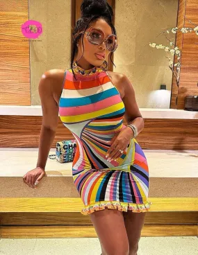 T-BOO  Women Sundress Summer Colorful Print Sleeveless Turtleneck Slim Elastic Trend Chic Bodycon Birthday Party Streetwear