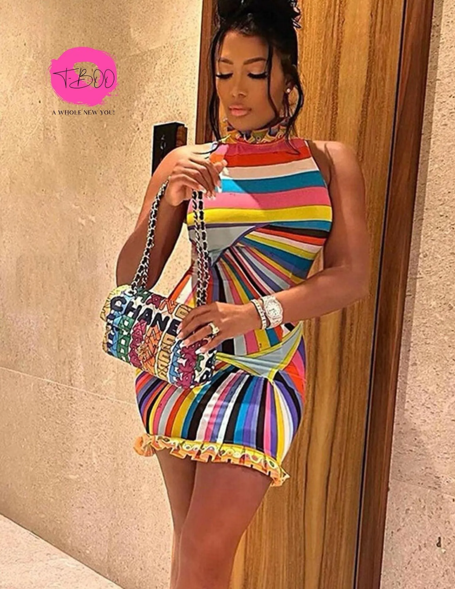 T-BOO  Women Sundress Summer Colorful Print Sleeveless Turtleneck Slim Elastic Trend Chic Bodycon Birthday Party Streetwear