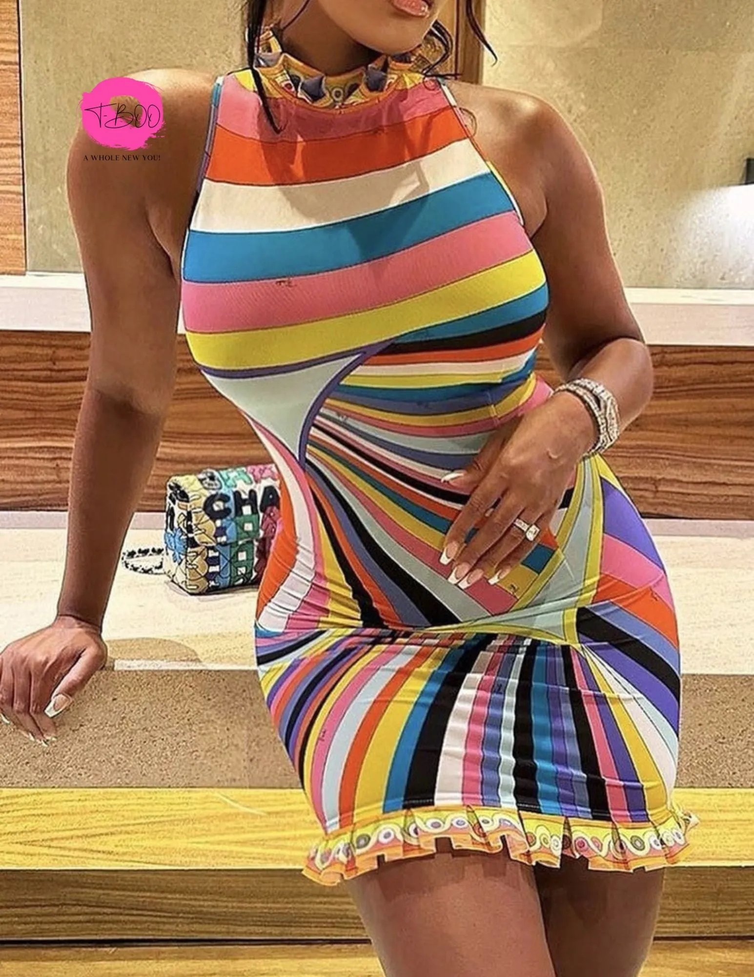 T-BOO  Women Sundress Summer Colorful Print Sleeveless Turtleneck Slim Elastic Trend Chic Bodycon Birthday Party Streetwear