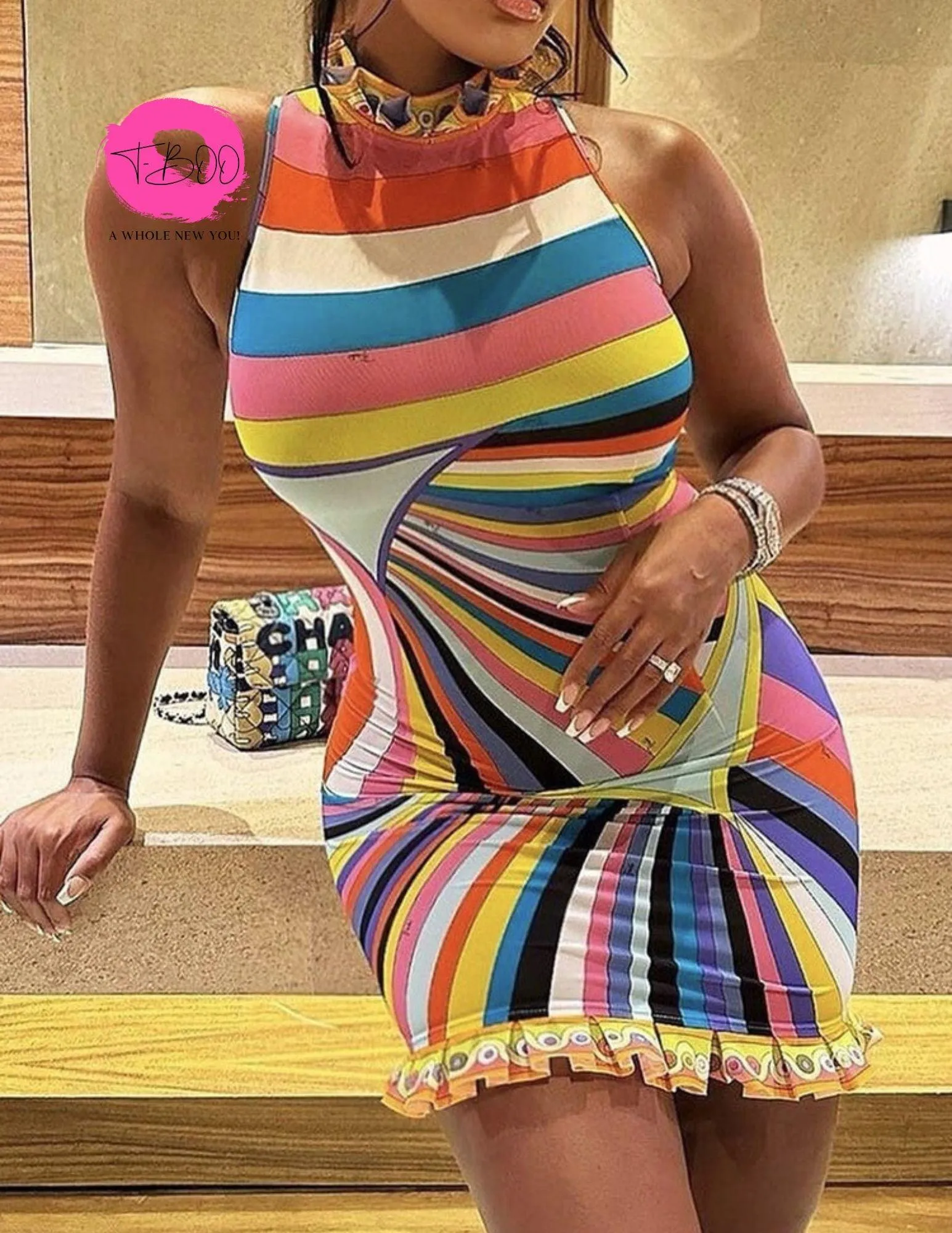 T-BOO  Women Sundress Summer Colorful Print Sleeveless Turtleneck Slim Elastic Trend Chic Bodycon Birthday Party Streetwear