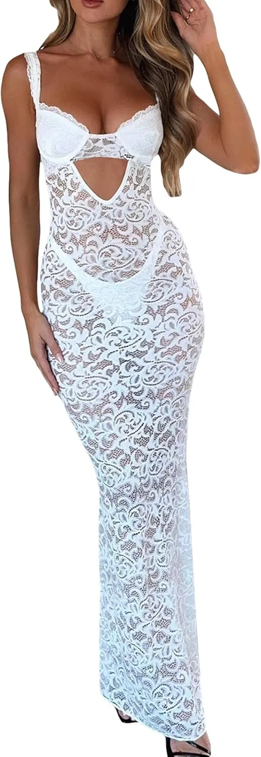 UAURORAO Women See Through Lace Maxi Dress Sleeveless Sheer Cut Out Overlay Long Mermaid Dress Sexy Mesh Hollow Sundress