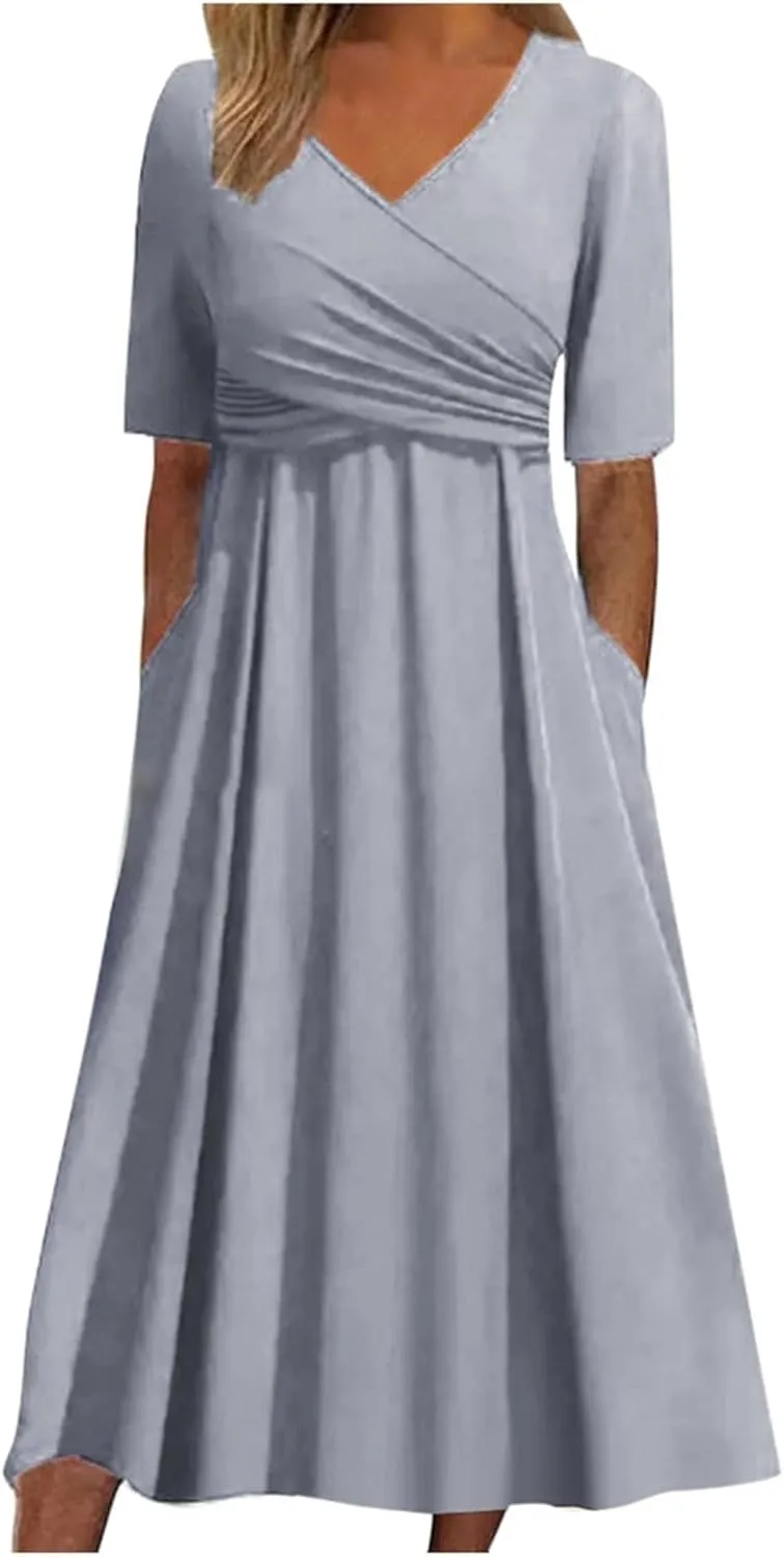 Wedding Guest Maxi Long Dresses for Women 2025 Trendy V Neck Short Sleeve Tshirt Dress Summer Beach Vacation Sundress