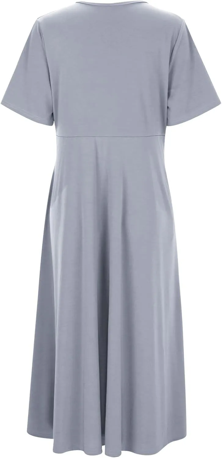 Wedding Guest Maxi Long Dresses for Women 2025 Trendy V Neck Short Sleeve Tshirt Dress Summer Beach Vacation Sundress