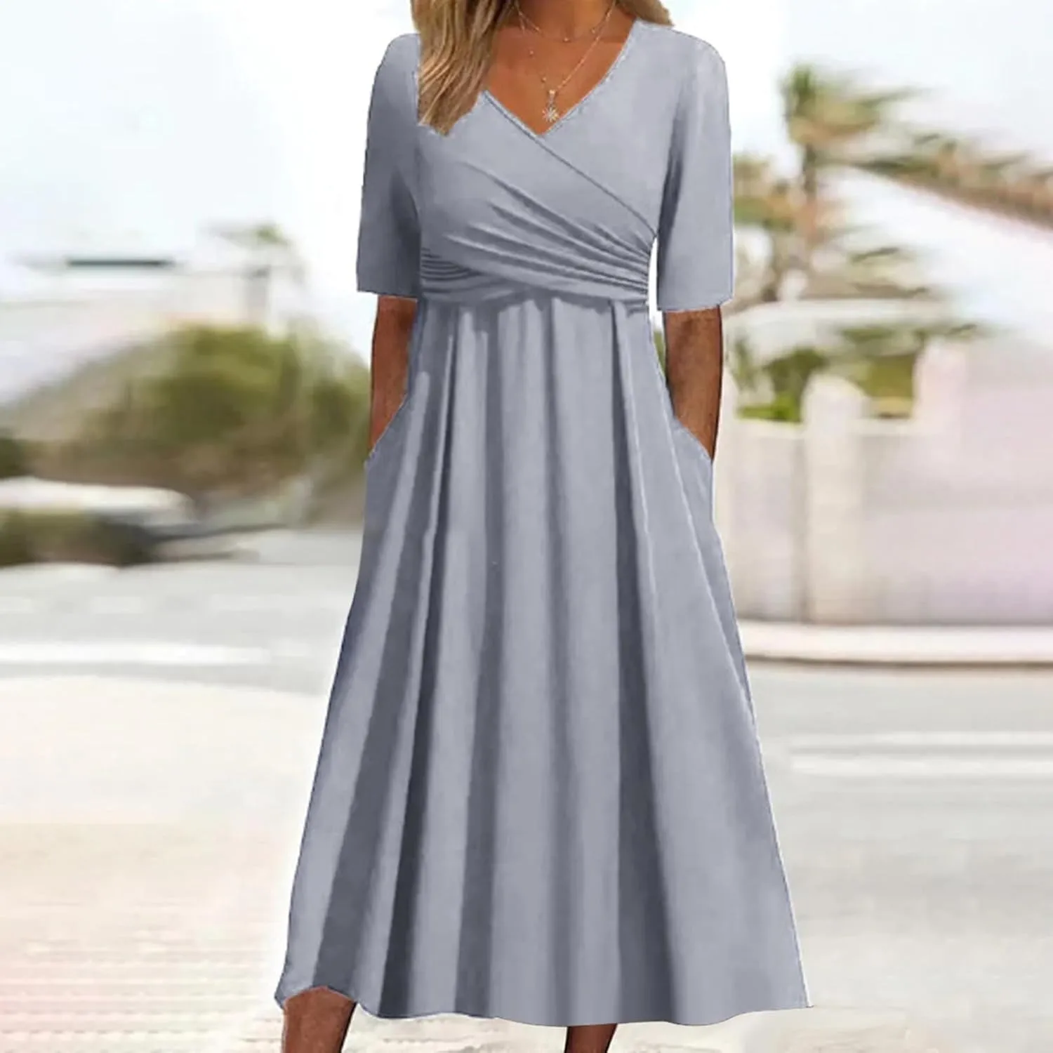 Wedding Guest Maxi Long Dresses for Women 2025 Trendy V Neck Short Sleeve Tshirt Dress Summer Beach Vacation Sundress