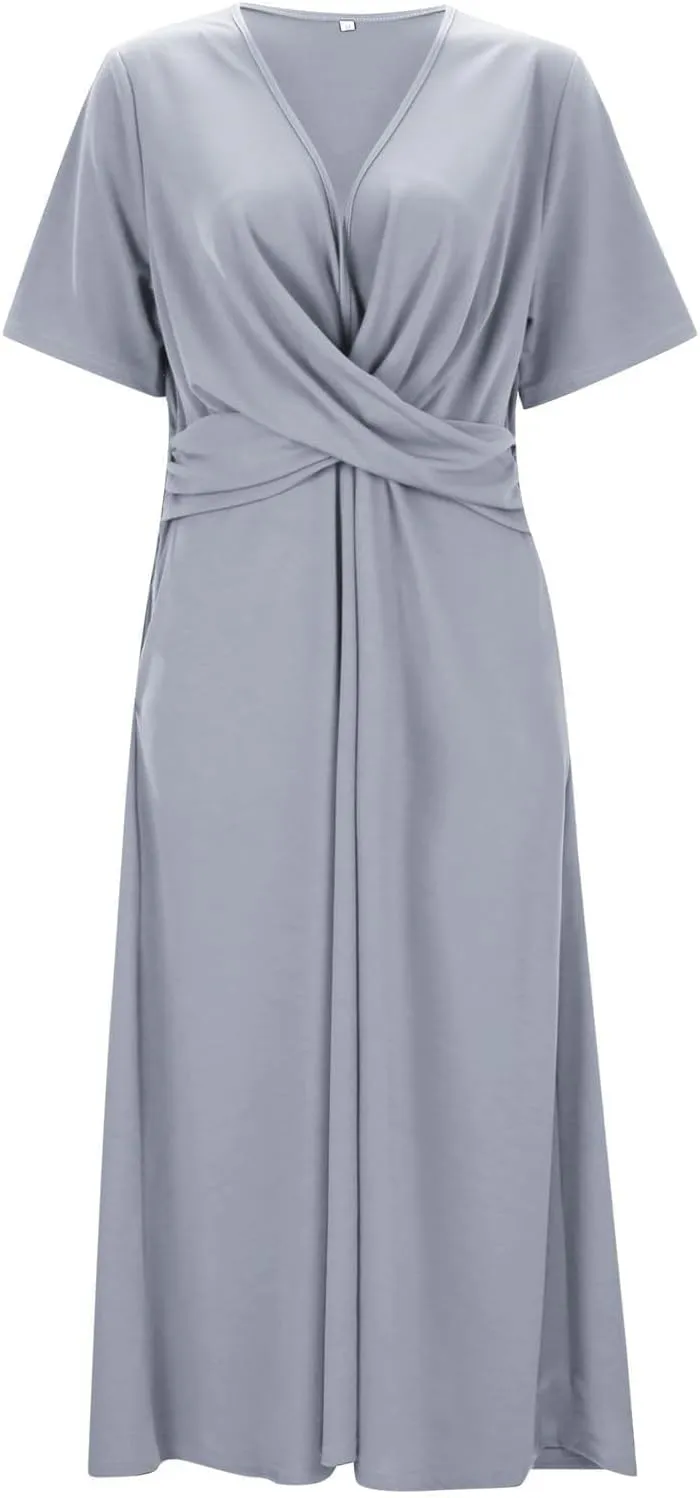 Wedding Guest Maxi Long Dresses for Women 2025 Trendy V Neck Short Sleeve Tshirt Dress Summer Beach Vacation Sundress