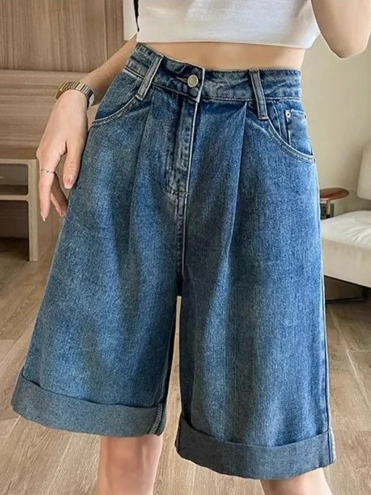 Women Korean Soft Denim Shorts High Waist Slim Straight Loose Wide Leg Short Pants