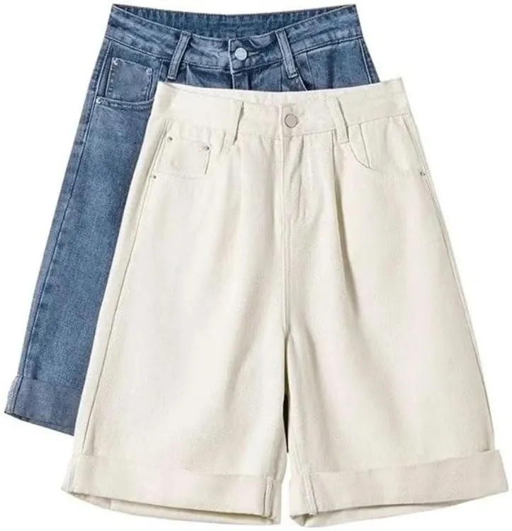 Women Korean Soft Denim Shorts High Waist Slim Straight Loose Wide Leg Short Pants