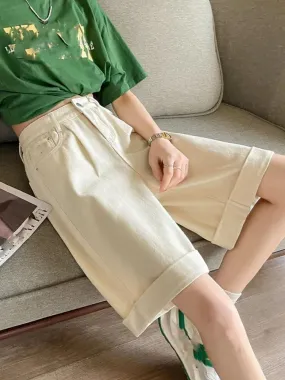 Women Korean Soft Denim Shorts High Waist Slim Straight Loose Wide Leg Short Pants