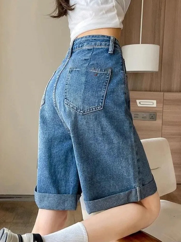 Women Korean Soft Denim Shorts High Waist Slim Straight Loose Wide Leg Short Pants