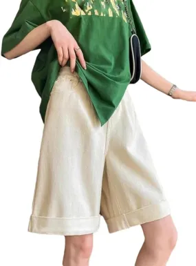 Women Korean Soft Denim Shorts High Waist Slim Straight Loose Wide Leg Short Pants