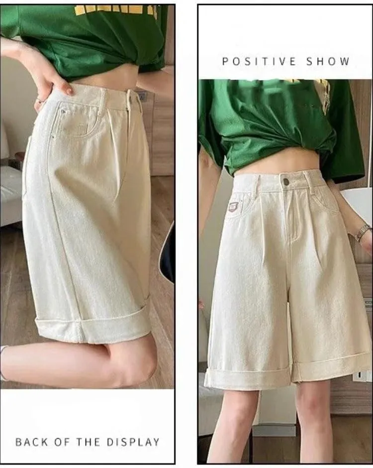 Women Korean Soft Denim Shorts High Waist Slim Straight Loose Wide Leg Short Pants