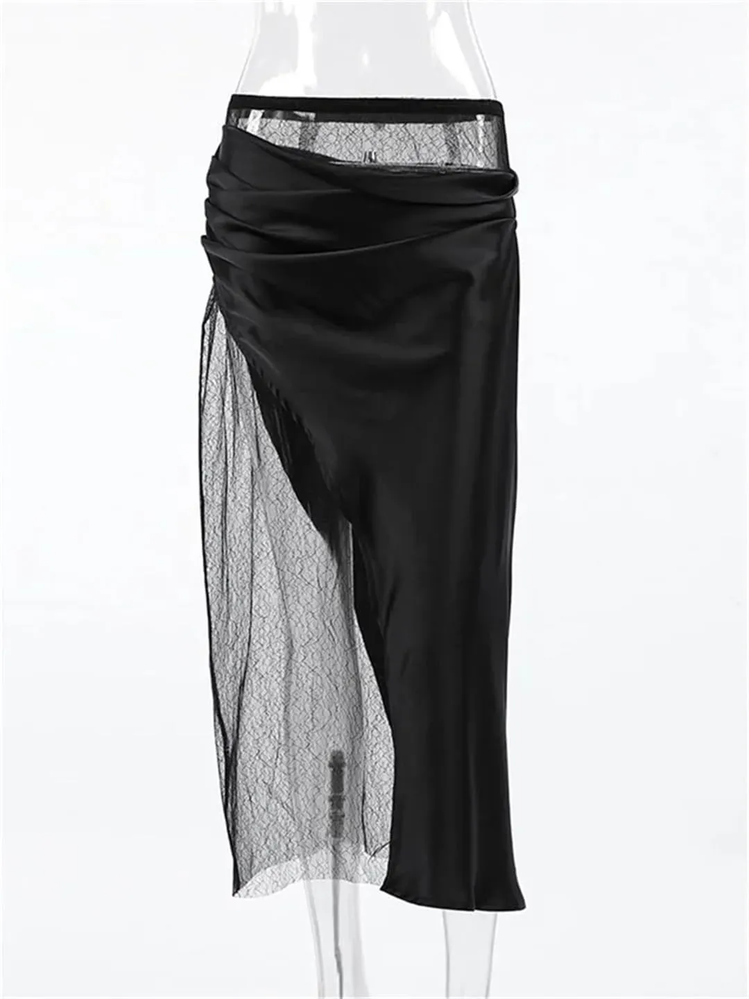 Women Lace Maxi Skirt Patchwork High Waist PU Leather Sexy Streetwear Y2k Long Skirt