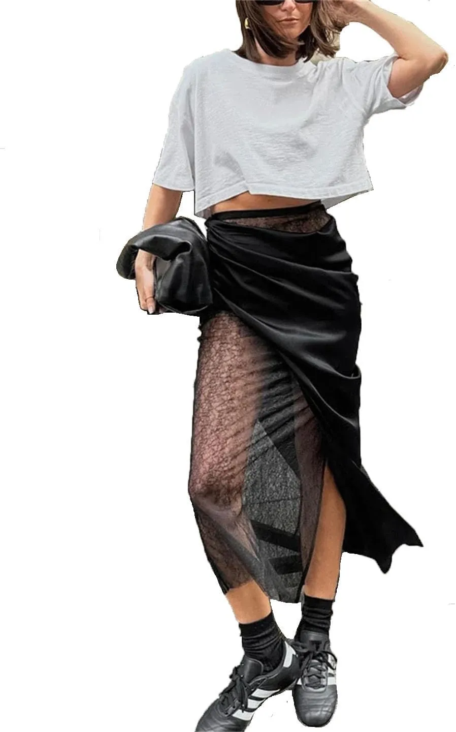 Women Lace Maxi Skirt Patchwork High Waist PU Leather Sexy Streetwear Y2k Long Skirt
