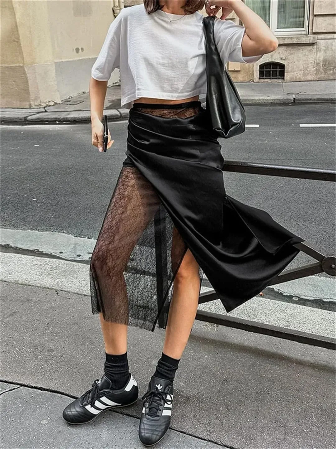 Women Lace Maxi Skirt Patchwork High Waist PU Leather Sexy Streetwear Y2k Long Skirt