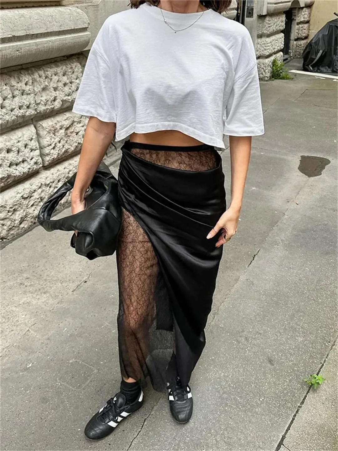 Women Lace Maxi Skirt Patchwork High Waist PU Leather Sexy Streetwear Y2k Long Skirt