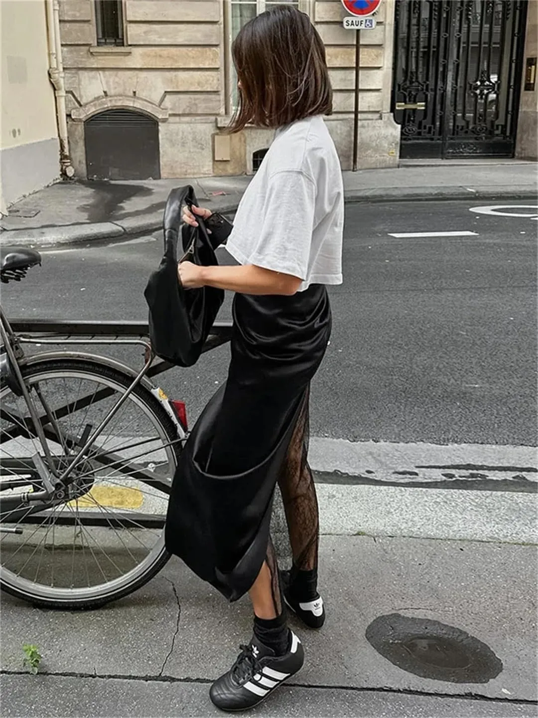 Women Lace Maxi Skirt Patchwork High Waist PU Leather Sexy Streetwear Y2k Long Skirt