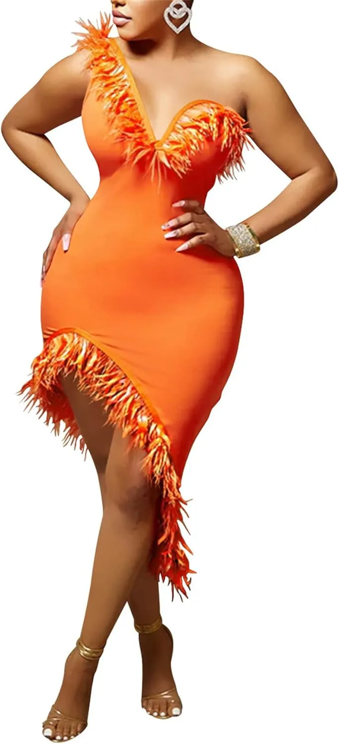 Women Sexy One Shoulder Wedding Guest Maxi Dress Wrap Bodycon Feather Cocktail Evening Party Midi Dress Clubwear