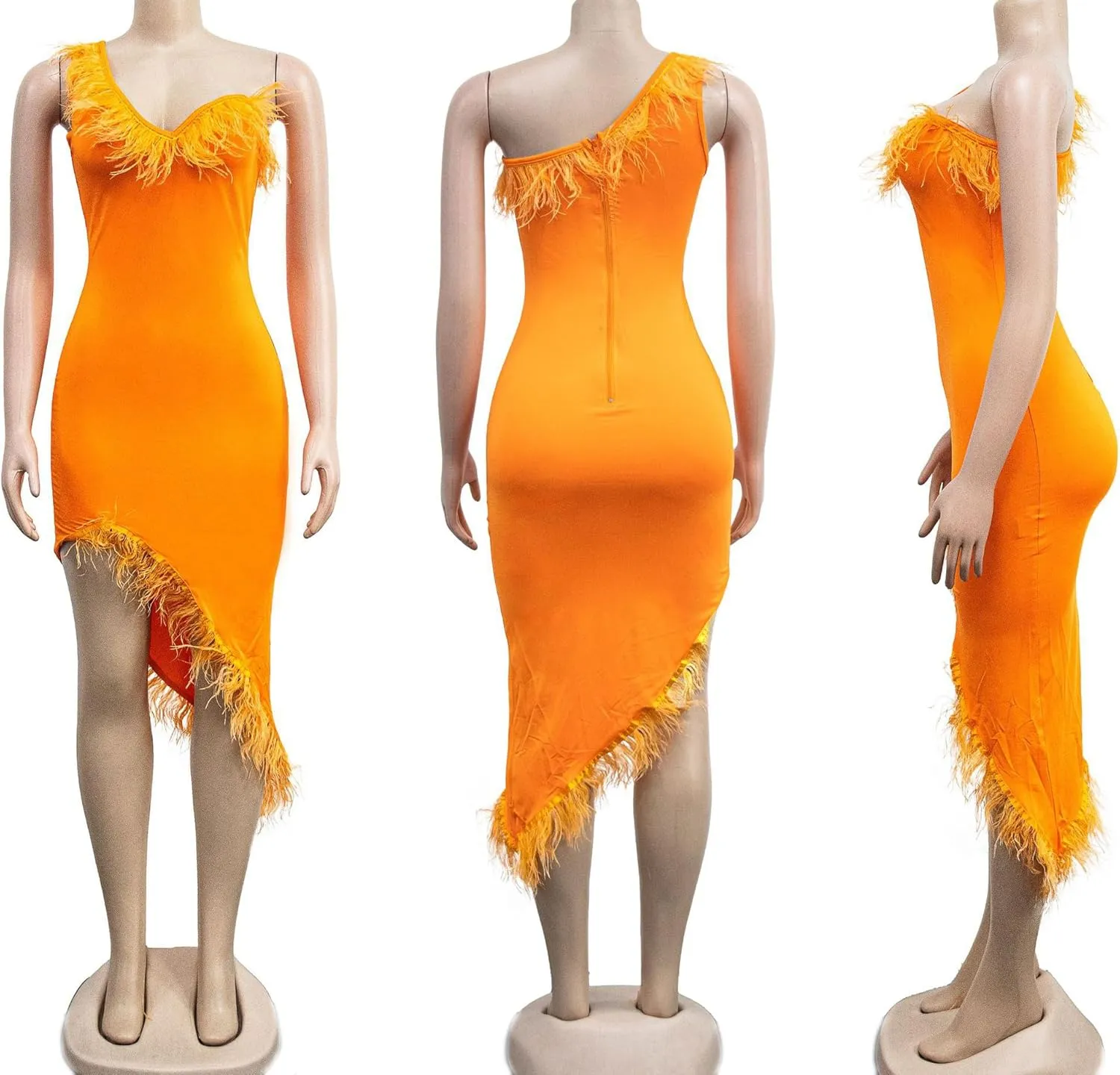 Women Sexy One Shoulder Wedding Guest Maxi Dress Wrap Bodycon Feather Cocktail Evening Party Midi Dress Clubwear