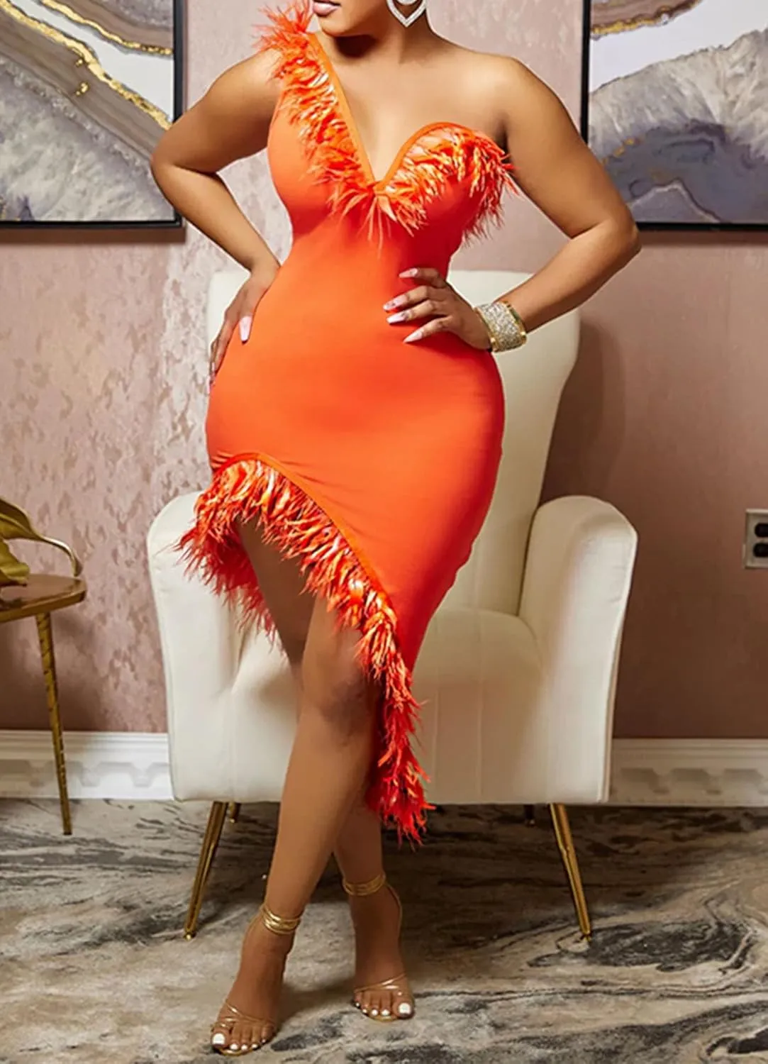 Women Sexy One Shoulder Wedding Guest Maxi Dress Wrap Bodycon Feather Cocktail Evening Party Midi Dress Clubwear
