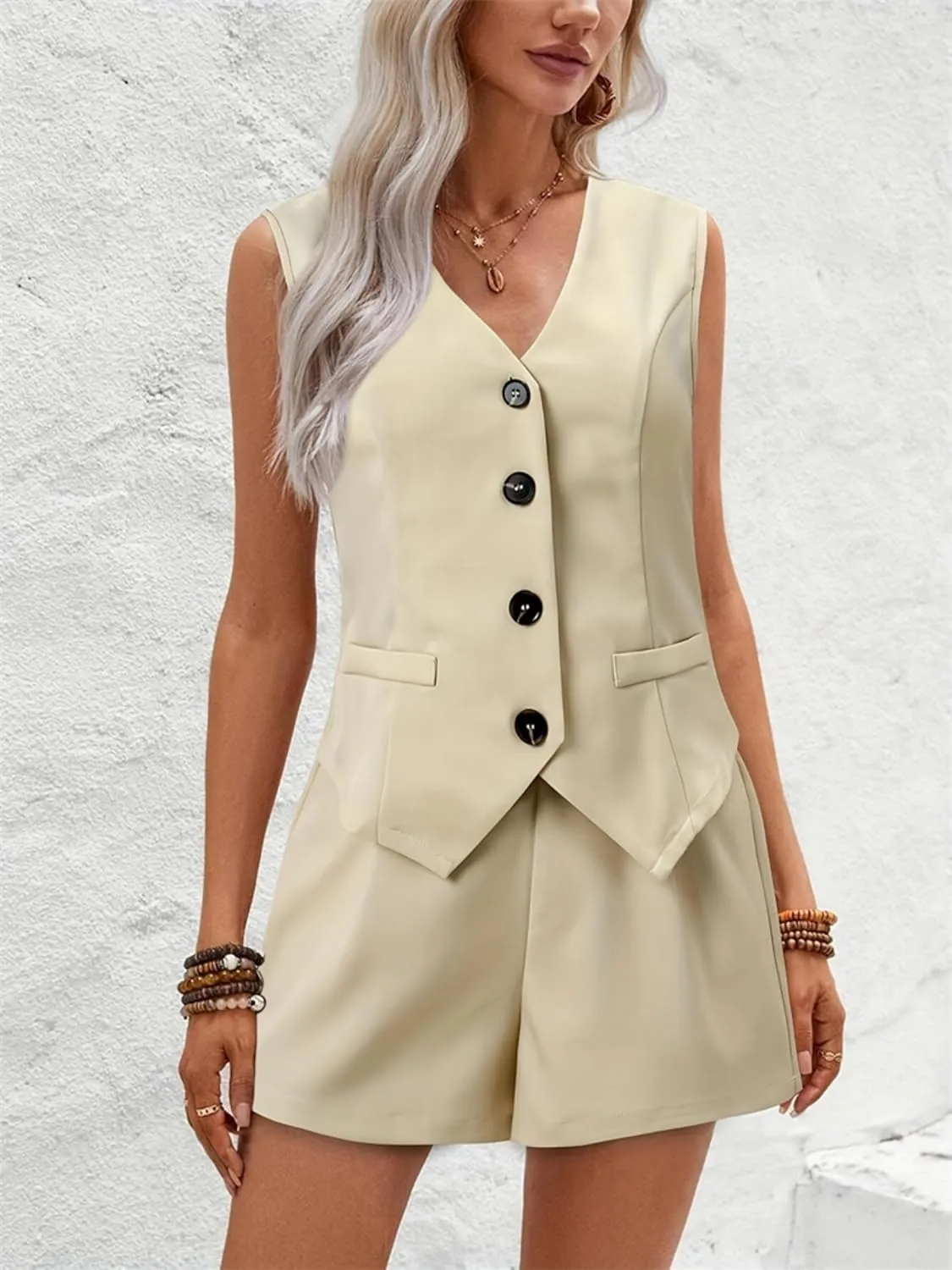 Women's Blazer 2 Piece Outfits Summer Casual Business Suit Dressy V-Neck Sleeveless Button Vest Shorts Set with Pockets