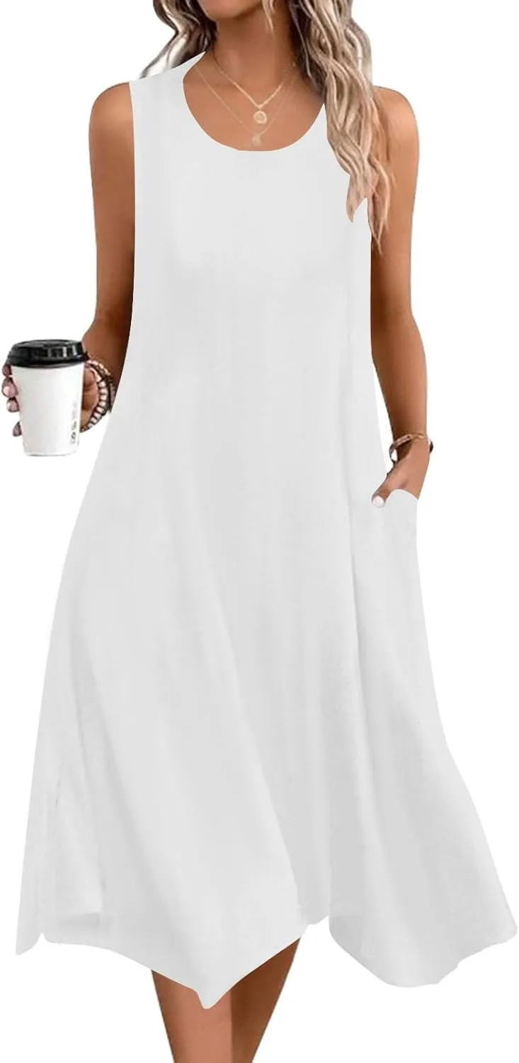 Women's Casual Summer Dress 2025 Sleeveless Dress Handkerchief Hem Midi Tank Dresses Beach Dress with Pockets