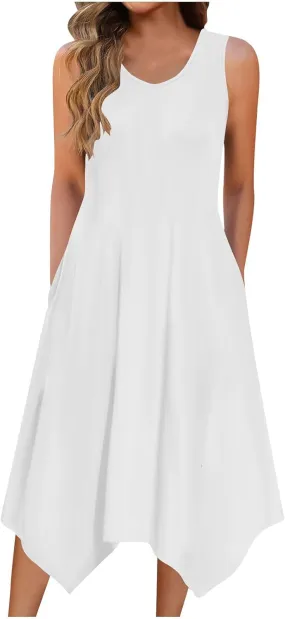 Women's Casual Summer Dress 2025 Sleeveless Dress Handkerchief Hem Midi Tank Dresses Beach Dress with Pockets