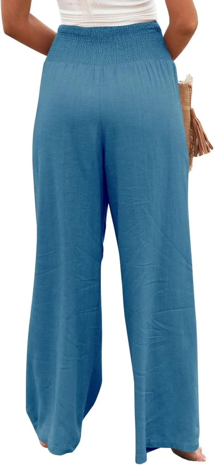 Womens Cotton Linen Palazzo Pants Wide Leg High Waist Long Lounge Pant Boho Loose Summer Casual Flowy Beach Trousers