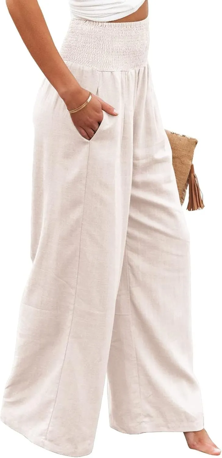 Womens Cotton Linen Palazzo Pants Wide Leg High Waist Long Lounge Pant Boho Loose Summer Casual Flowy Beach Trousers