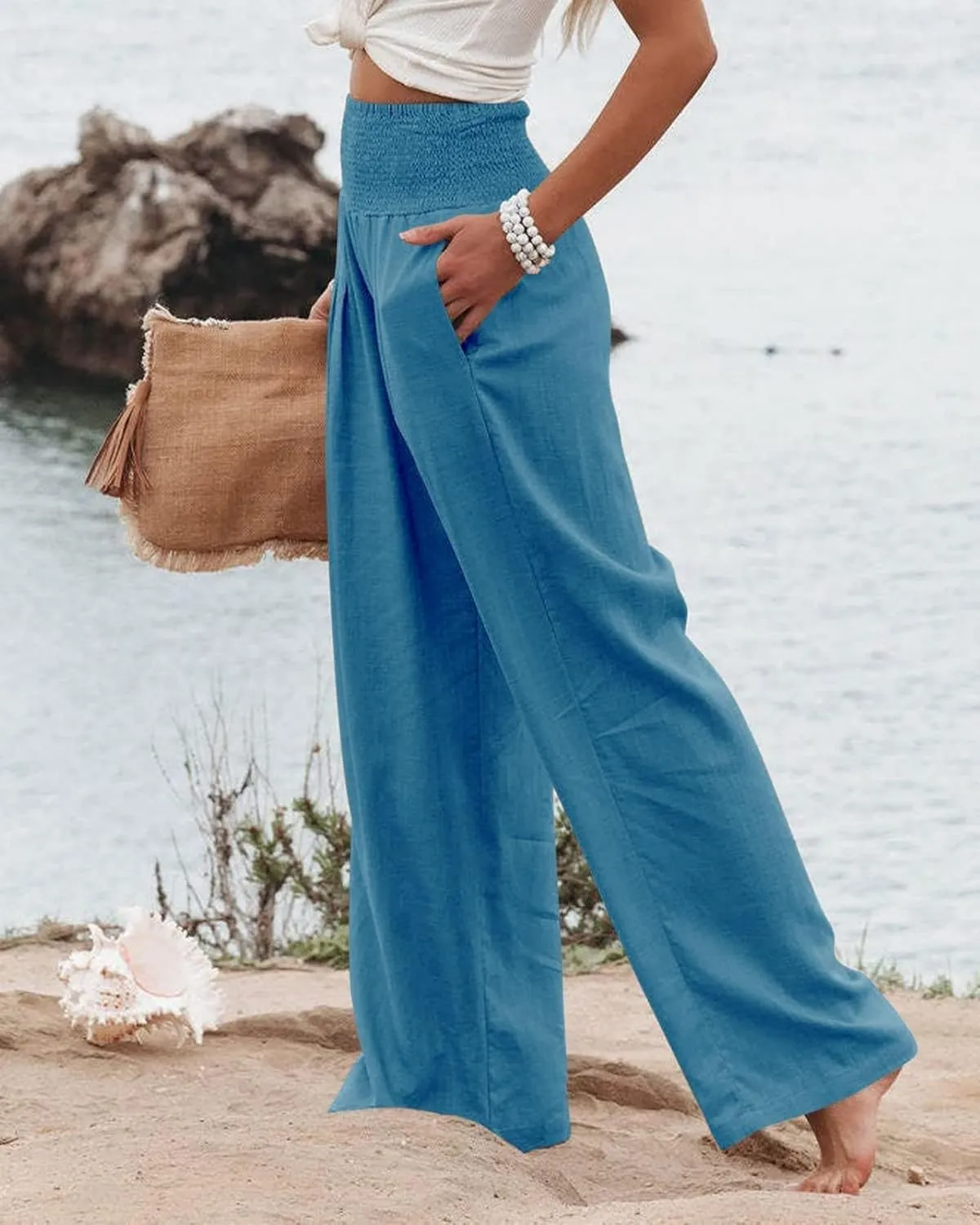 Womens Cotton Linen Palazzo Pants Wide Leg High Waist Long Lounge Pant Boho Loose Summer Casual Flowy Beach Trousers
