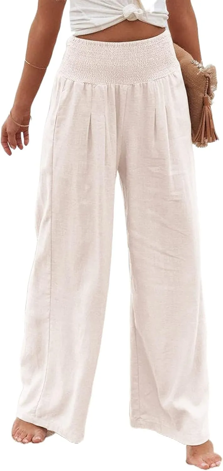 Womens Cotton Linen Palazzo Pants Wide Leg High Waist Long Lounge Pant Boho Loose Summer Casual Flowy Beach Trousers