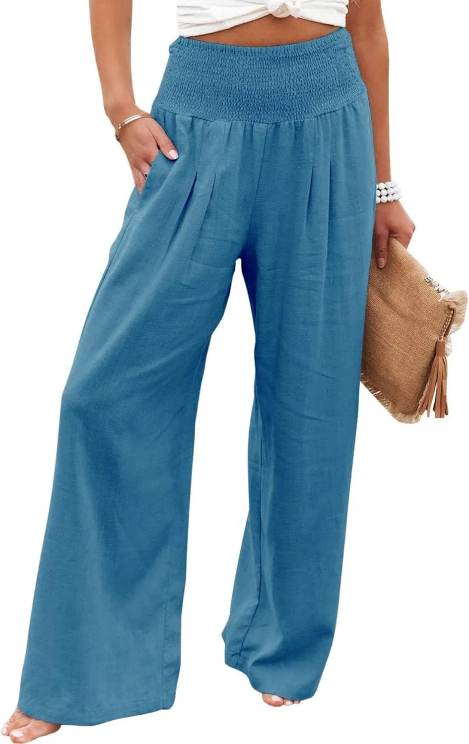 Womens Cotton Linen Palazzo Pants Wide Leg High Waist Long Lounge Pant Boho Loose Summer Casual Flowy Beach Trousers
