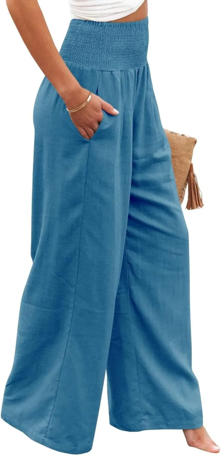 Womens Cotton Linen Palazzo Pants Wide Leg High Waist Long Lounge Pant Boho Loose Summer Casual Flowy Beach Trousers