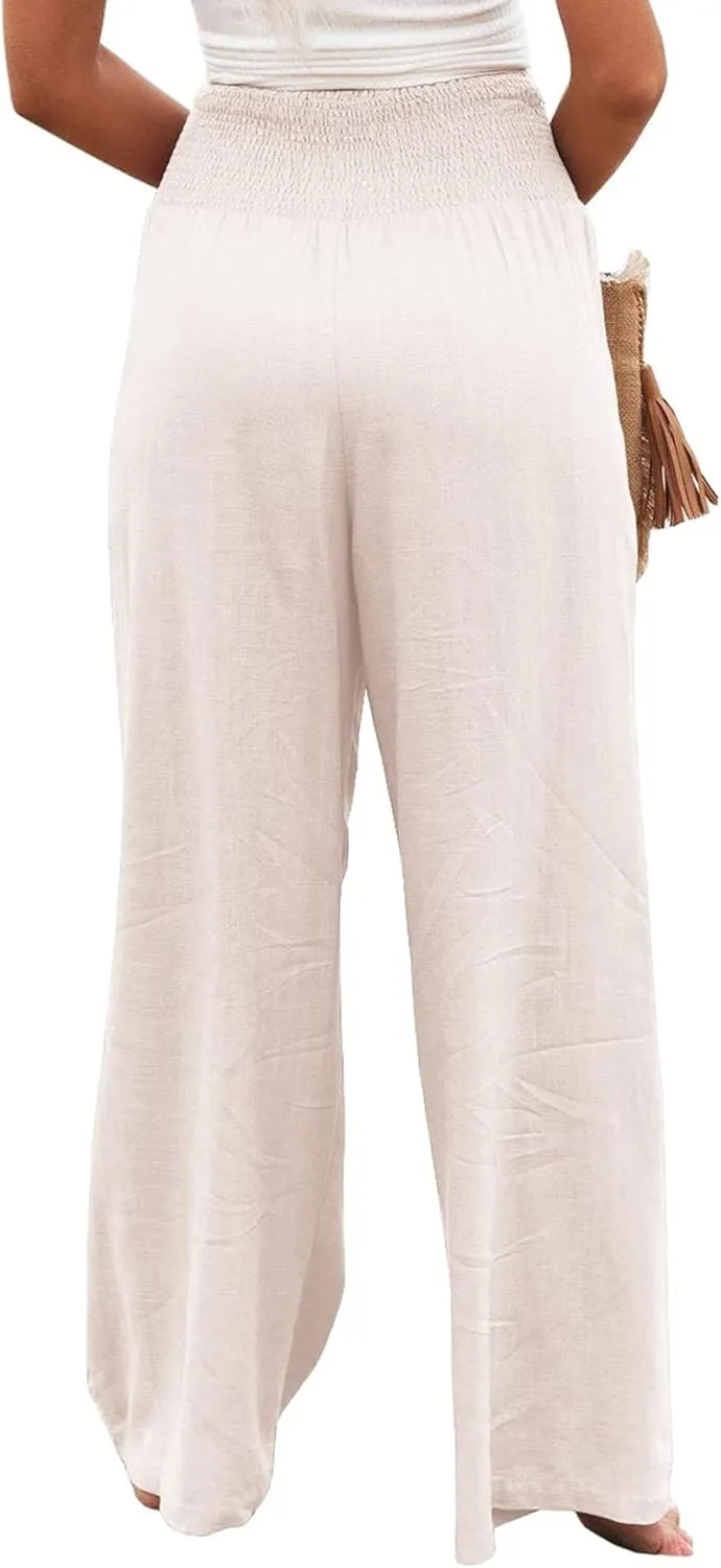 Womens Cotton Linen Palazzo Pants Wide Leg High Waist Long Lounge Pant Boho Loose Summer Casual Flowy Beach Trousers