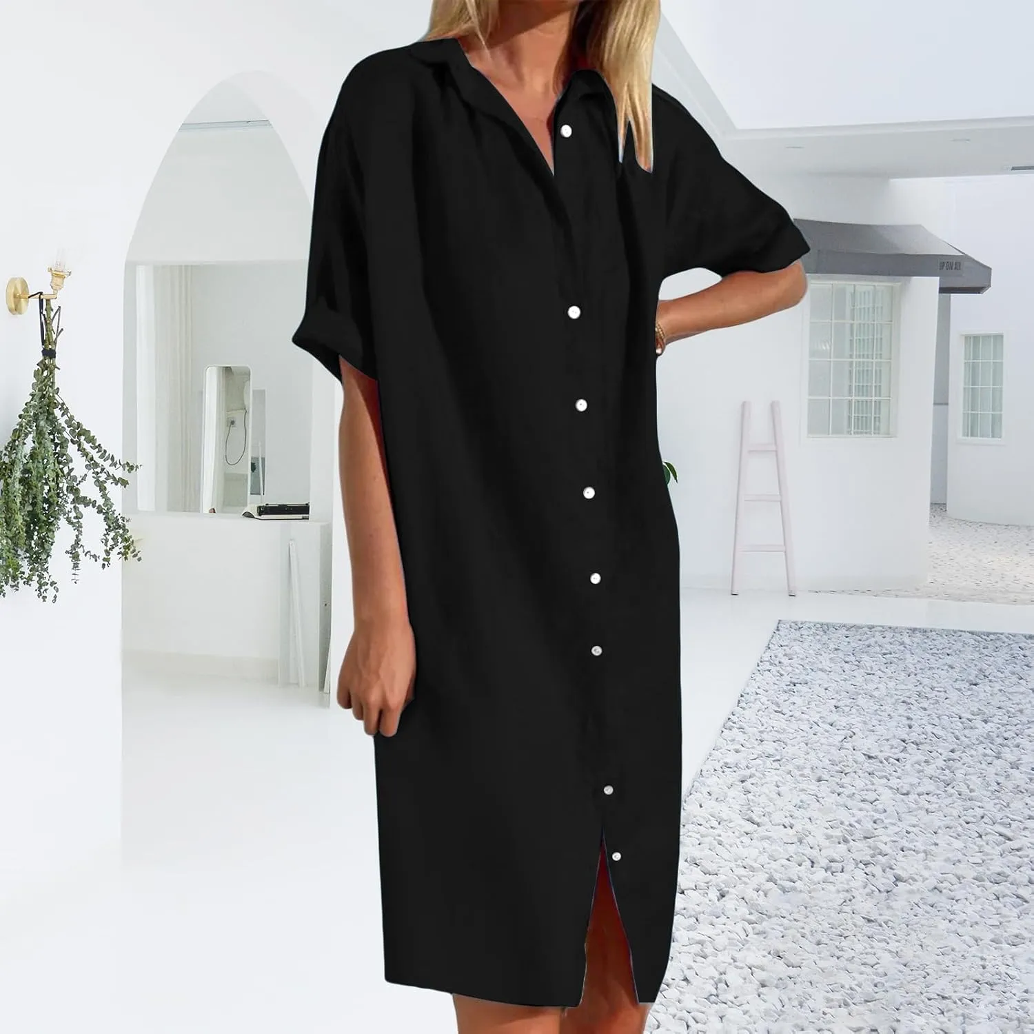 Womens Cotton Linen Shirt Dresses Button Down Rolled-Up Sleeve Sundress Bathing Suit Cover Ups Vacation Swimwear