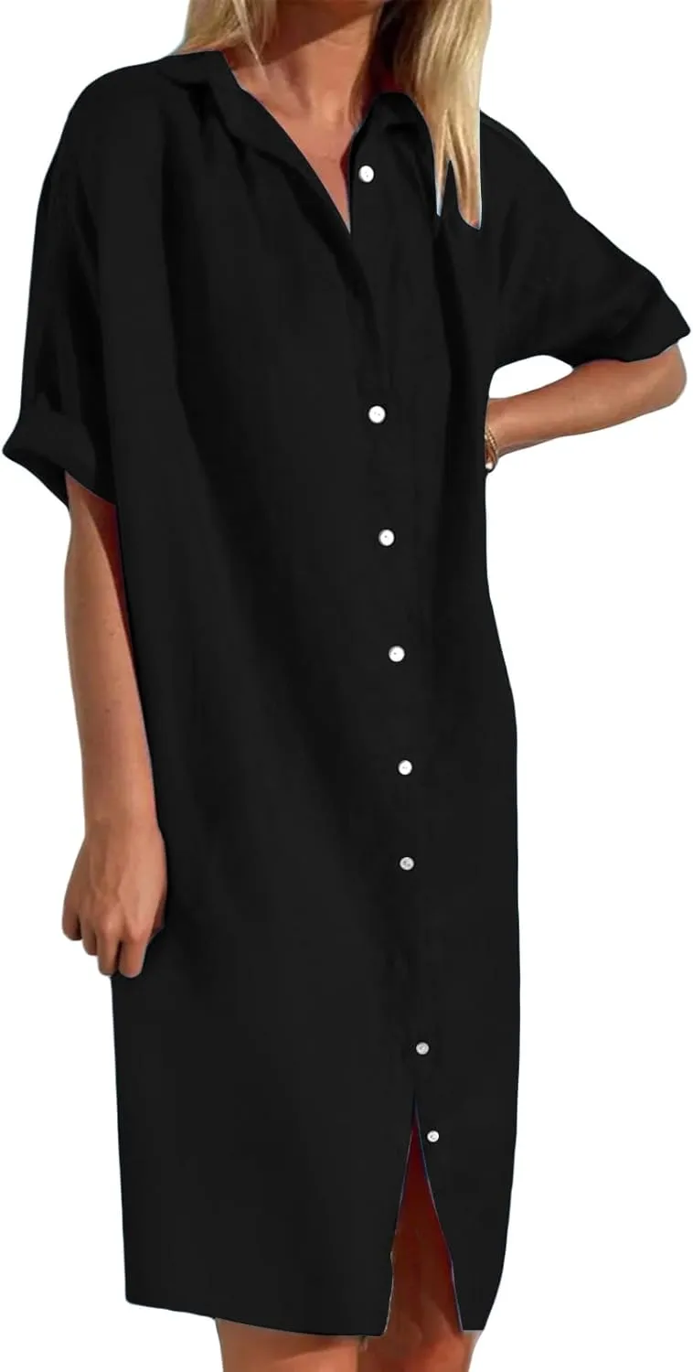 Womens Cotton Linen Shirt Dresses Button Down Rolled-Up Sleeve Sundress Bathing Suit Cover Ups Vacation Swimwear