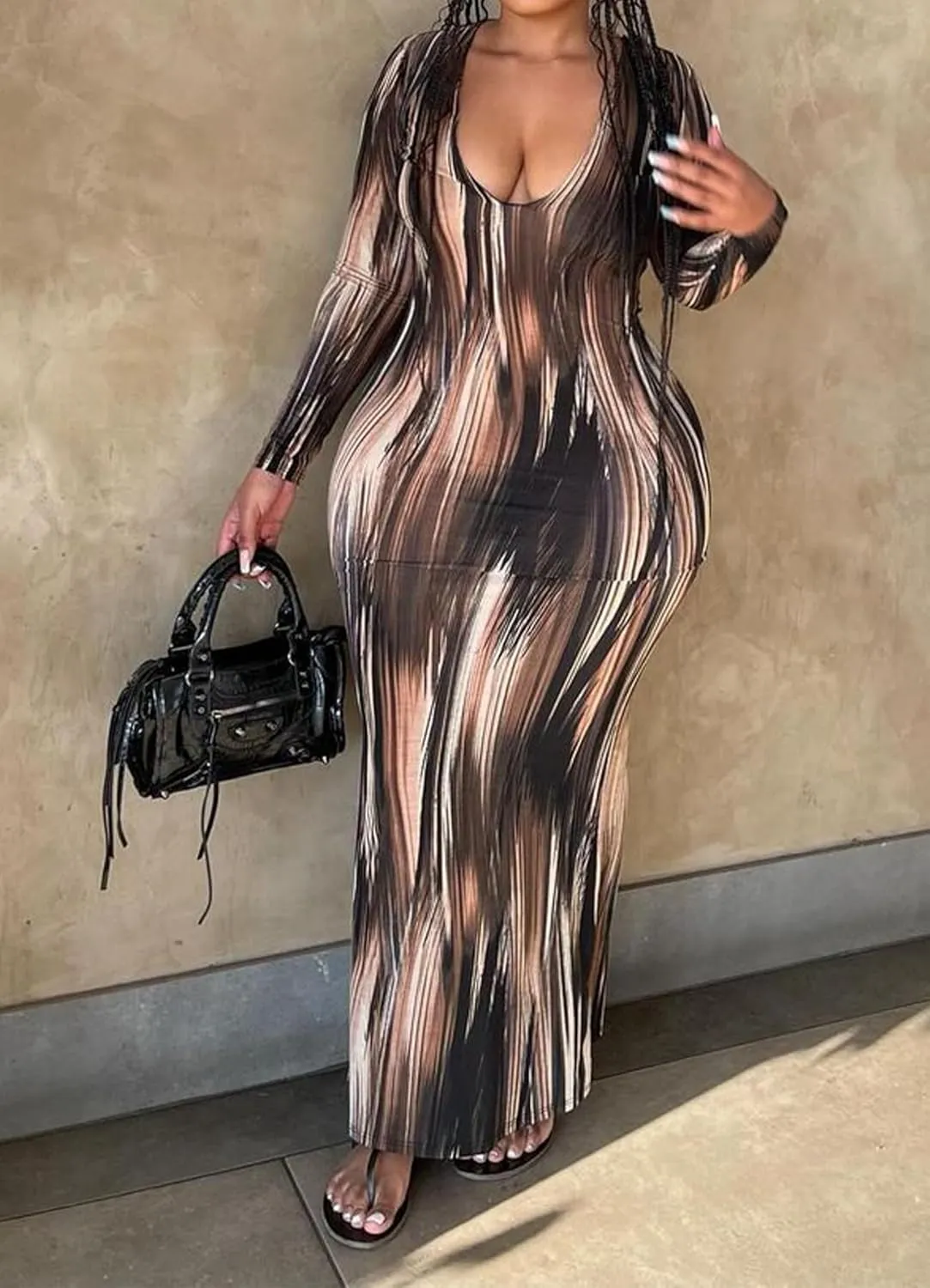 Womens Elegant Casual Striped Maxi Dress Long Sleeve V Neck Belt Beach Long Flowy Dresses Clubwear Party Outfits