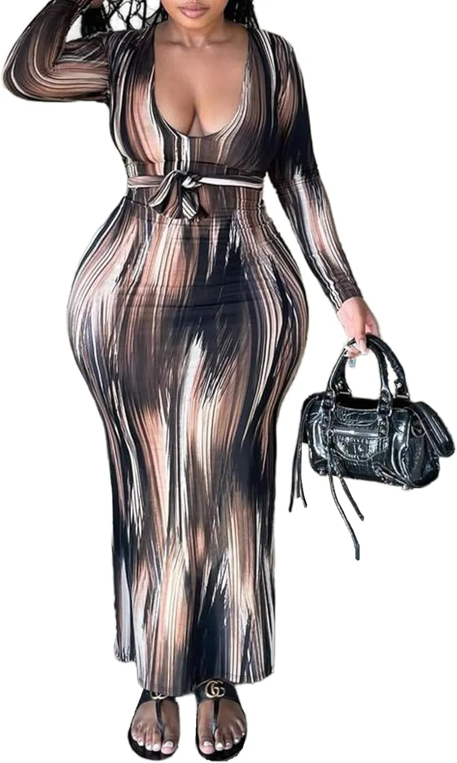 Womens Elegant Casual Striped Maxi Dress Long Sleeve V Neck Belt Beach Long Flowy Dresses Clubwear Party Outfits