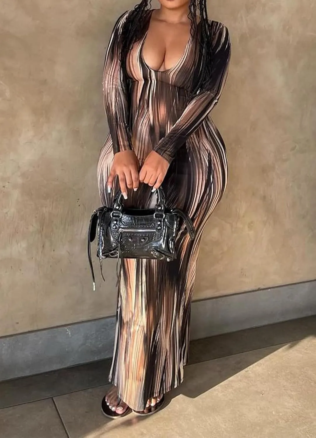 Womens Elegant Casual Striped Maxi Dress Long Sleeve V Neck Belt Beach Long Flowy Dresses Clubwear Party Outfits