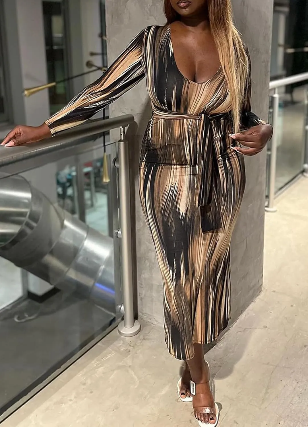 Womens Elegant Casual Striped Maxi Dress Long Sleeve V Neck Belt Beach Long Flowy Dresses Clubwear Party Outfits