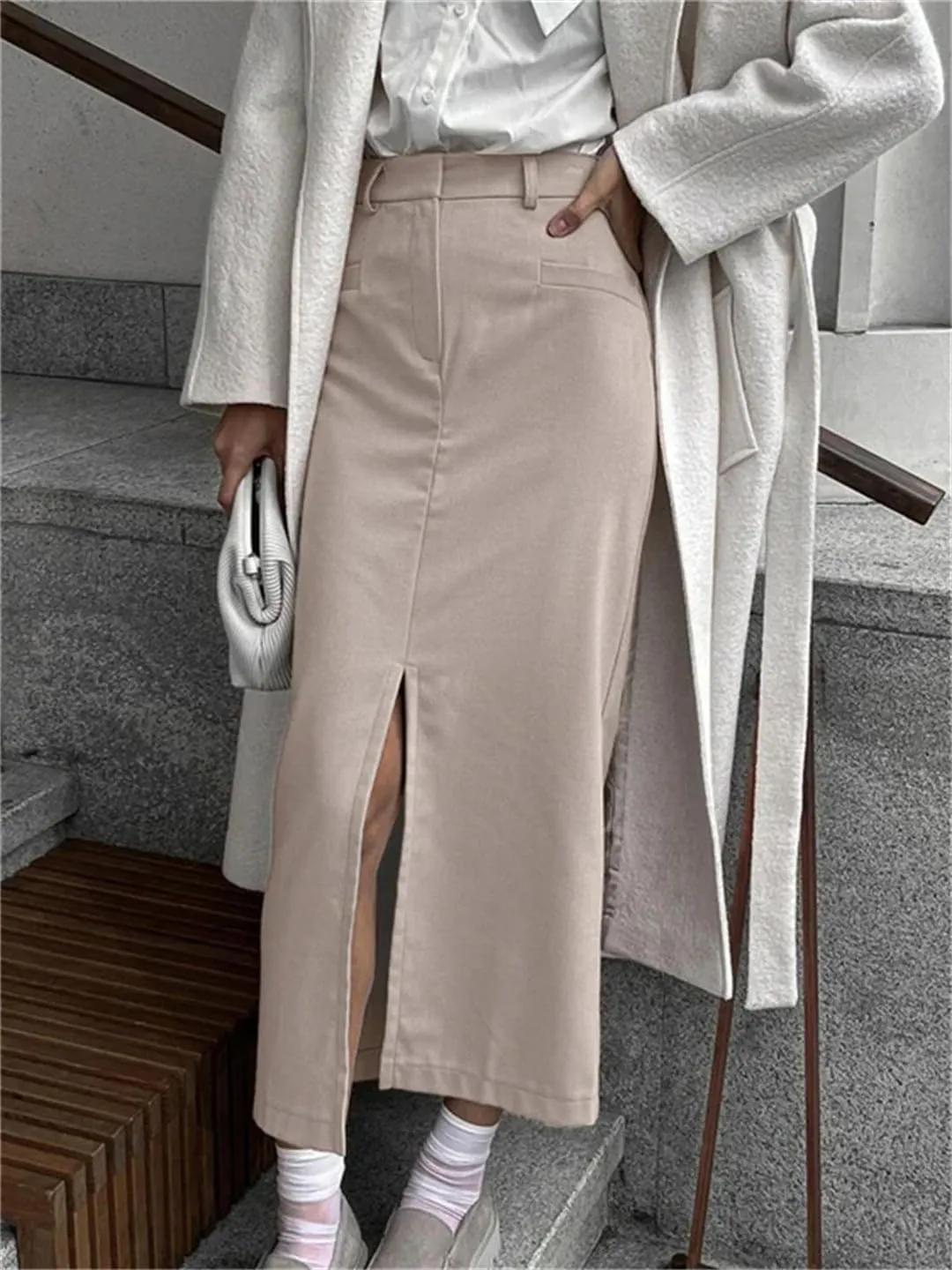 Women's Elegant High Waist Maxi Skirt Pocket Patchwork Slim Commute Streetwear Solid Vintage Y2k Long Skirt
