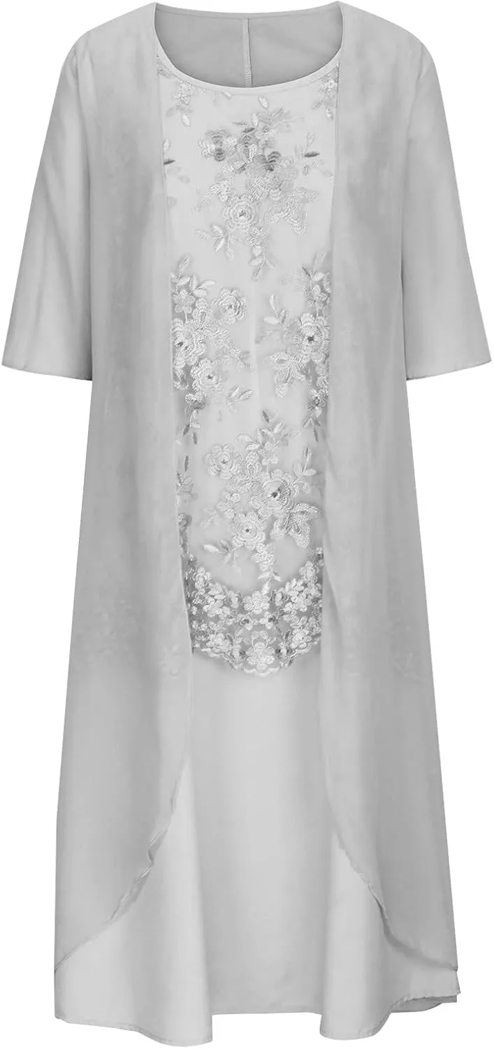 Womens Flowy Floral Dresses with Jacket 2 Piece Set 3/4 Sleeve Sheer Chiffon Summer Cocktail Wedding Guest Dress
