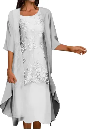 Womens Flowy Floral Dresses with Jacket 2 Piece Set 3/4 Sleeve Sheer Chiffon Summer Cocktail Wedding Guest Dress