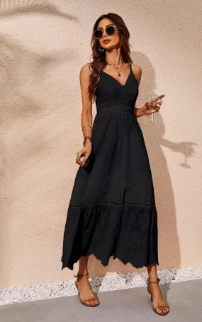 Women's FS Collection Lace Embroidery Anglaise Spaghetti Strap Maxi Dress In Black