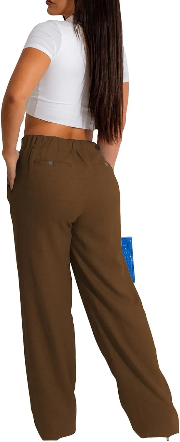 Women's High Waist Linen Pants Summer Straight Leg Long Linen Trousers with Pockets