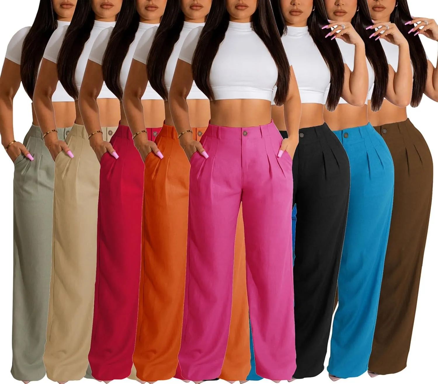 Women's High Waist Linen Pants Summer Straight Leg Long Linen Trousers with Pockets